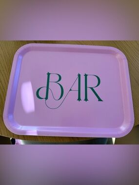 Anthropologie Pink Tray with Green BAR Script